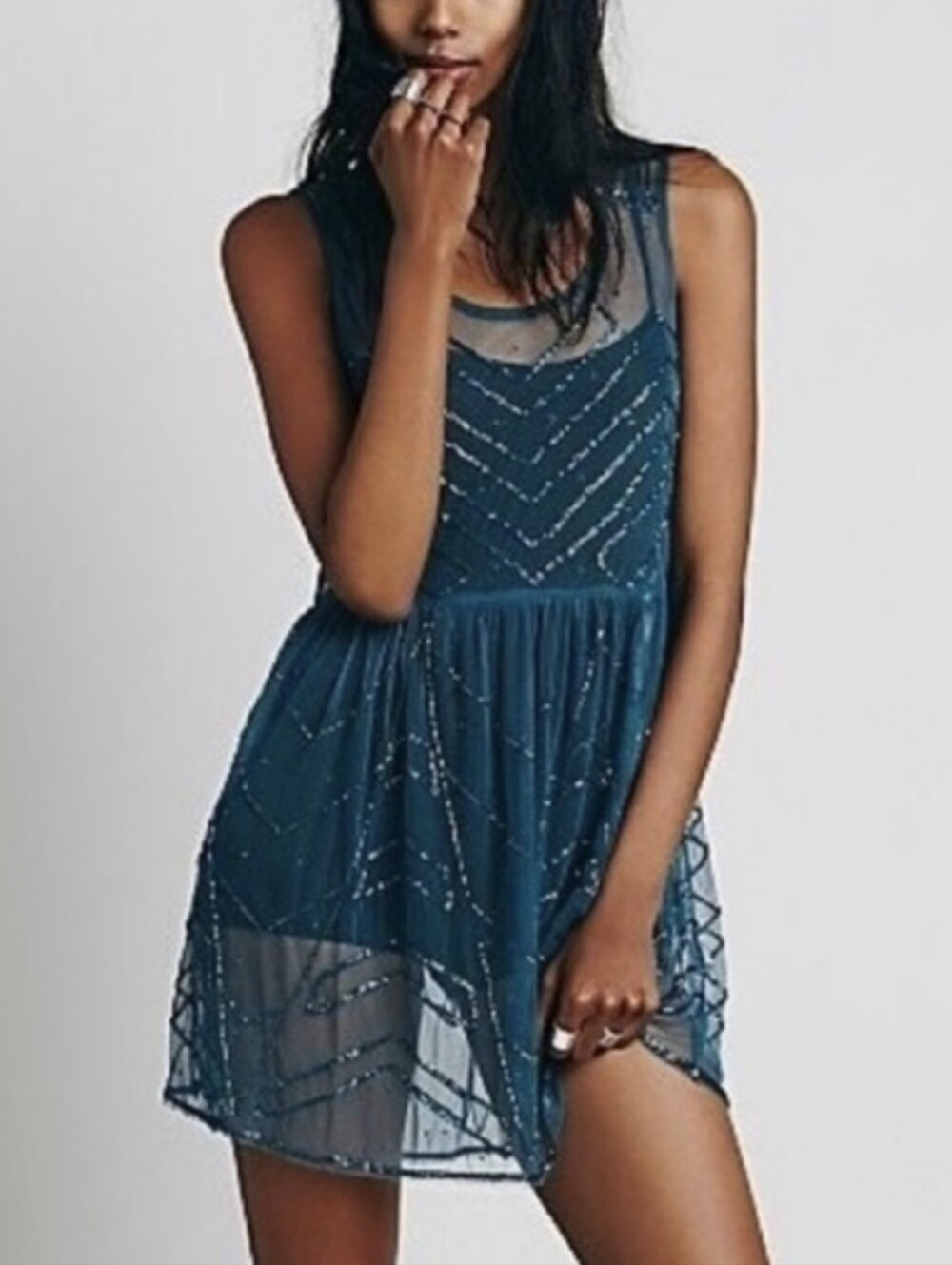 Free People Teal Beaded Mesh Sleeveless Dress Size Med